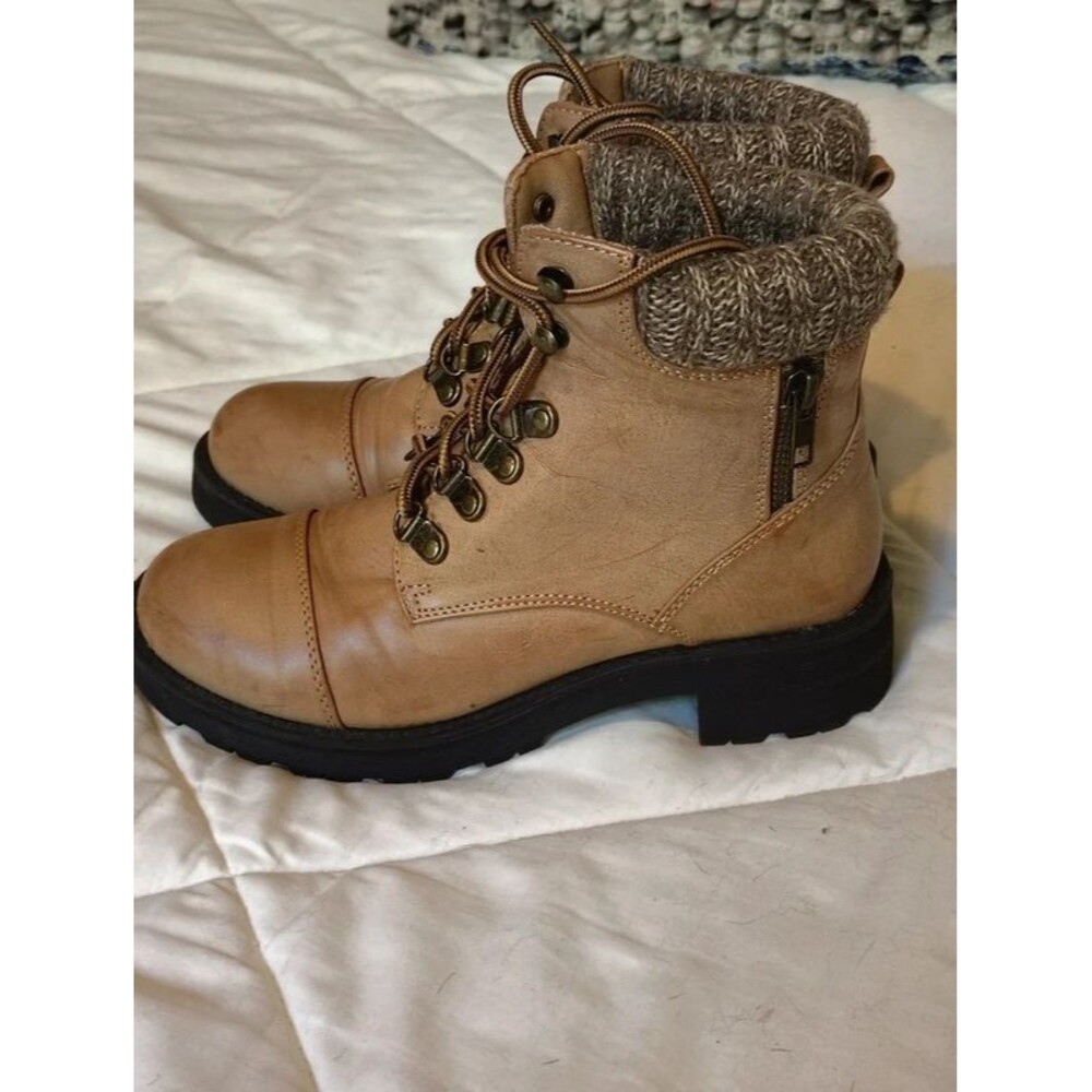 MIA Womens Combat Boots Tan Leather Sweater Cuff Lace Up Hiker Zip Boho Sz 6